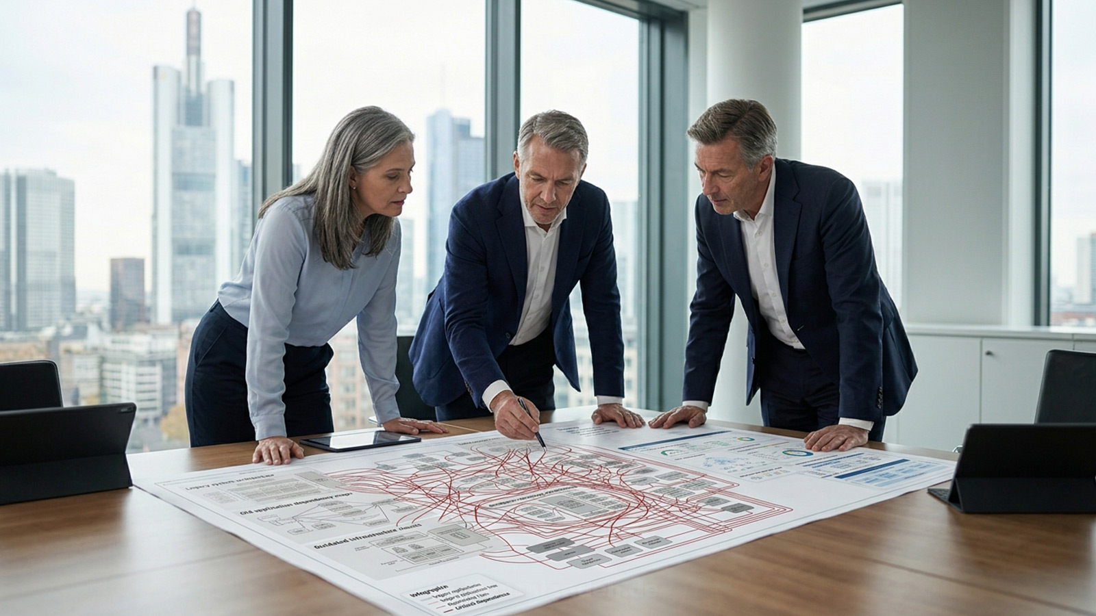 Eine Senior-Technologieführungskraft im Betriebszentrum einer europäischen Bank, auf der einen Seite verblassende Architekturdiagramme von Altsystemen, auf der anderen eine moderne, cloud-native und KI-gesteuerte Plattform — Sinnbild für die versteckten Kosten von Technical Debt