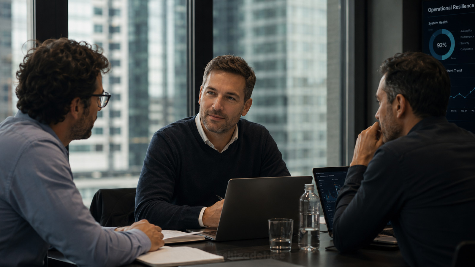 Senior professionals reviewing AI project delays and governance controls in a Frankfurt financial-services office